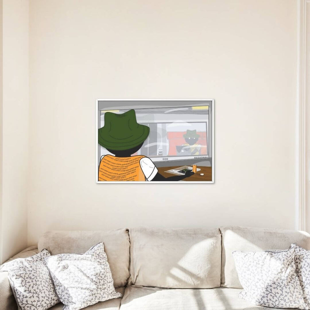 Plakater hængende på vægge.